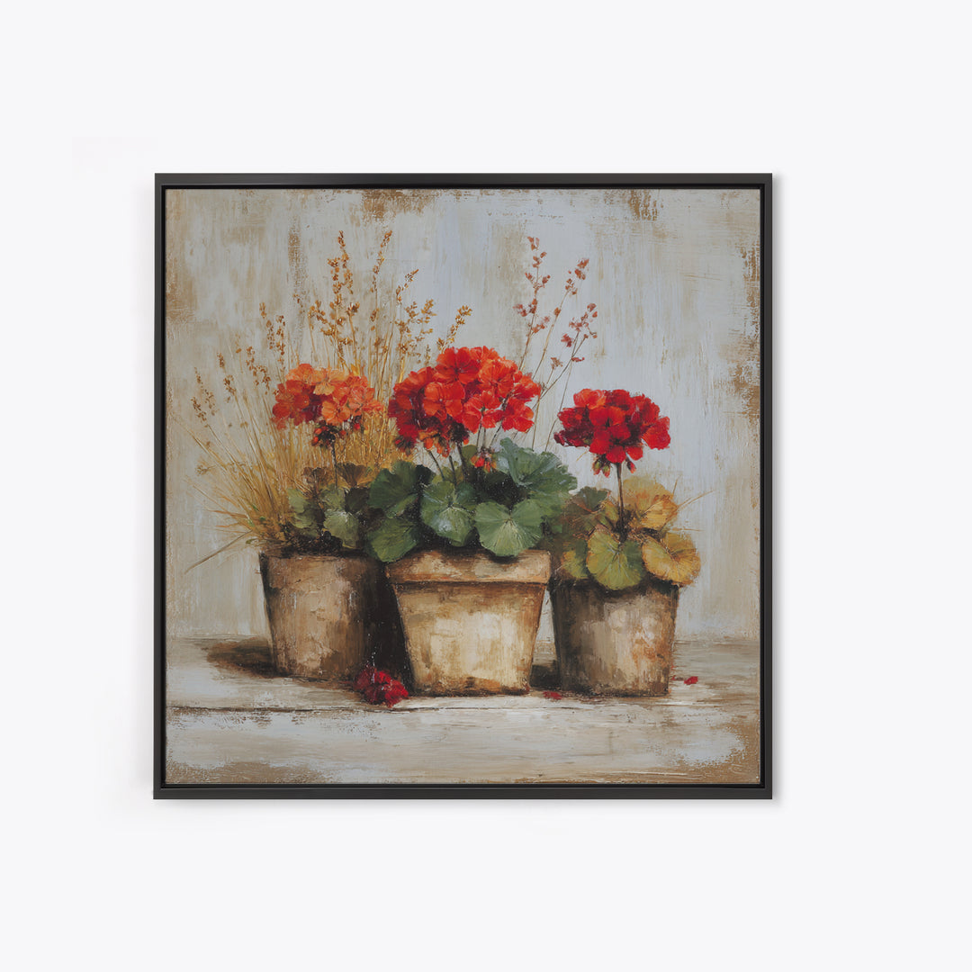 Potted Geraniums in Rustic Clay Pots Canvas Print, Patio Art, Modern Decor, Patio Decor, Fine Art, Outdoor, Home Decor, PAT-1x1-86