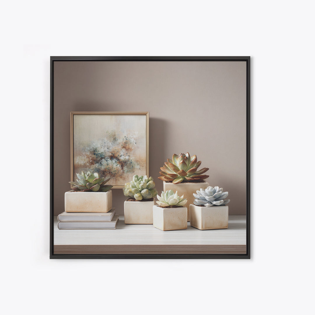 Succulent Collection in Ceramic Planters Framed Canvas Print, Patio Art, Luxury Decor, Patio Decor, Oil Painting, Outdoor, PAT-1x1-93