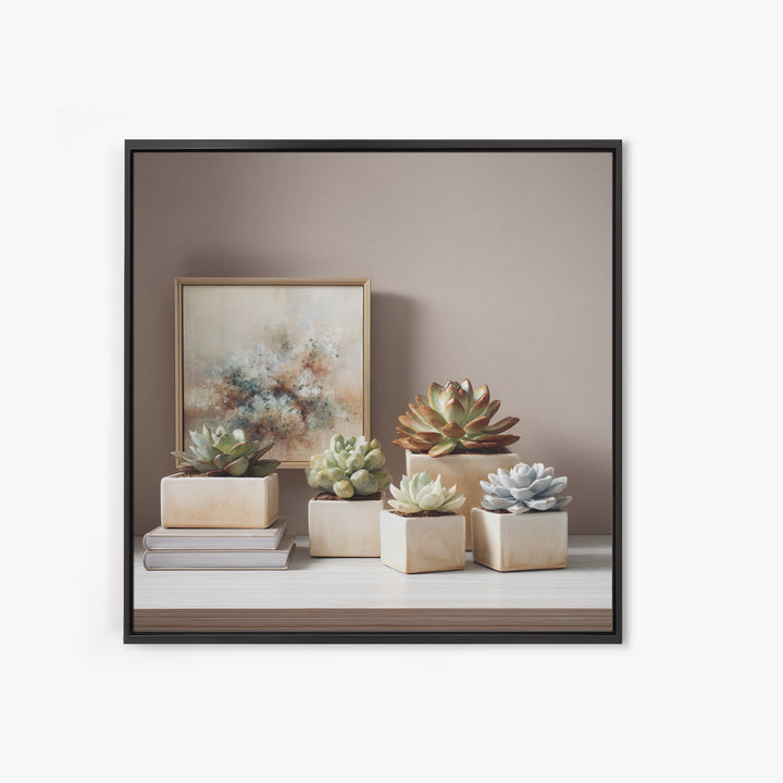 Succulent Collection in Ceramic Planters Framed Canvas Print, Patio Art, Luxury Decor, Patio Decor, Oil Painting, Outdoor, PAT-1x1-93
