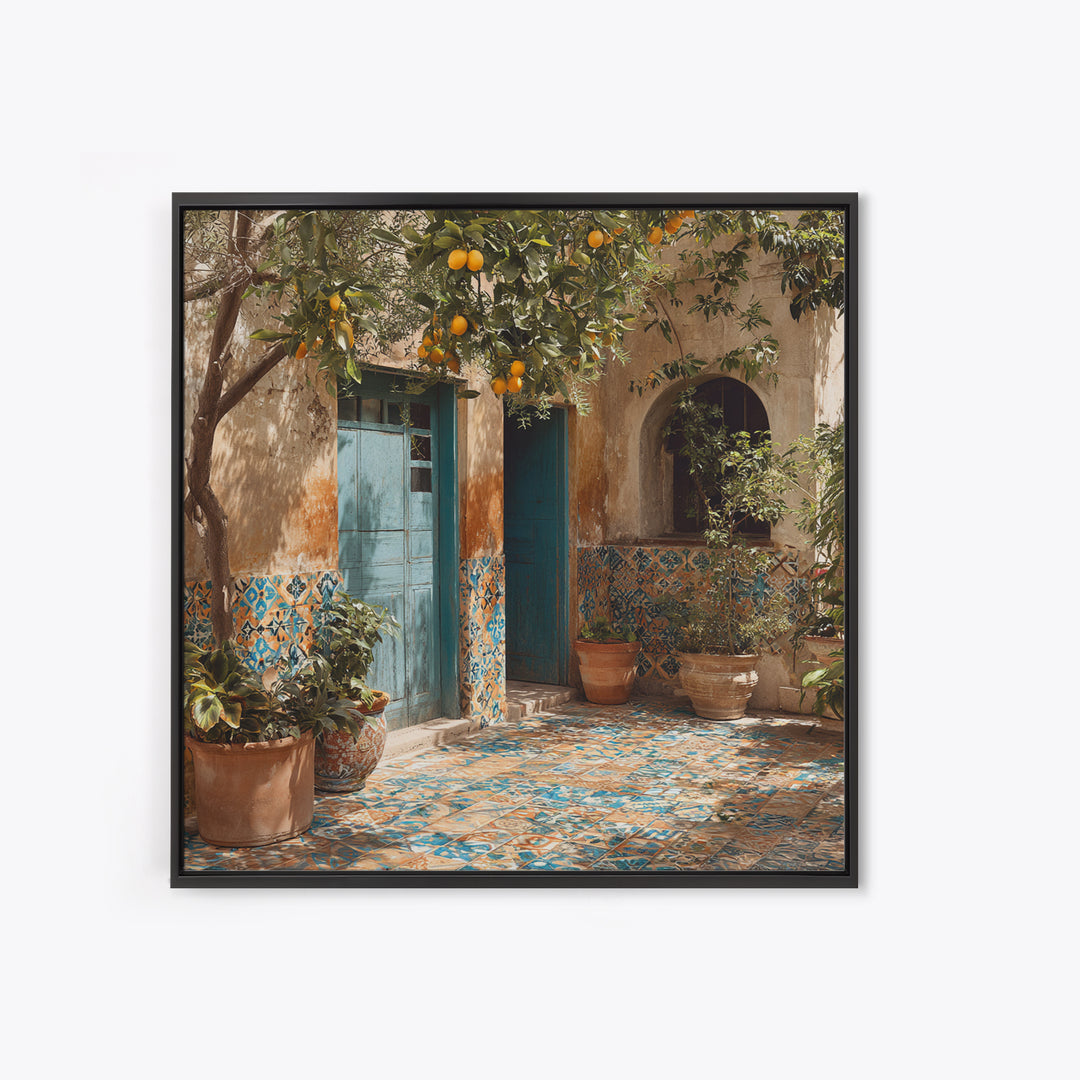 Mediterranean Lemons and Blue Tile Pattern Canvas Print, Patio Art, Boho Decor, Patio Decor, Fine Art, Outdoor, Outdoor Decor, PAT-1x1-98