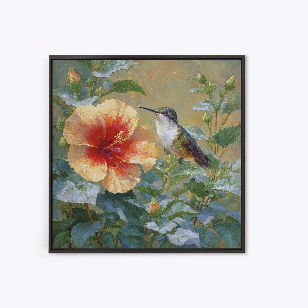 Hummingbird Visiting Bright Hibiscus Canvas Print, Patio Art, Wall Art, Patio Decor, Fine Art, Outdoor, Outdoor Wall Decor, PAT-1x1-99
