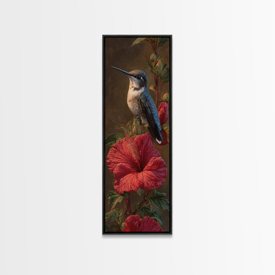 Hummingbird Visiting Bright Hibiscus Framed Canvas Print, Patio Art, Patio Decor, Abstract Art, Outdoor, Floral Wall Art, PAT-1x3-15
