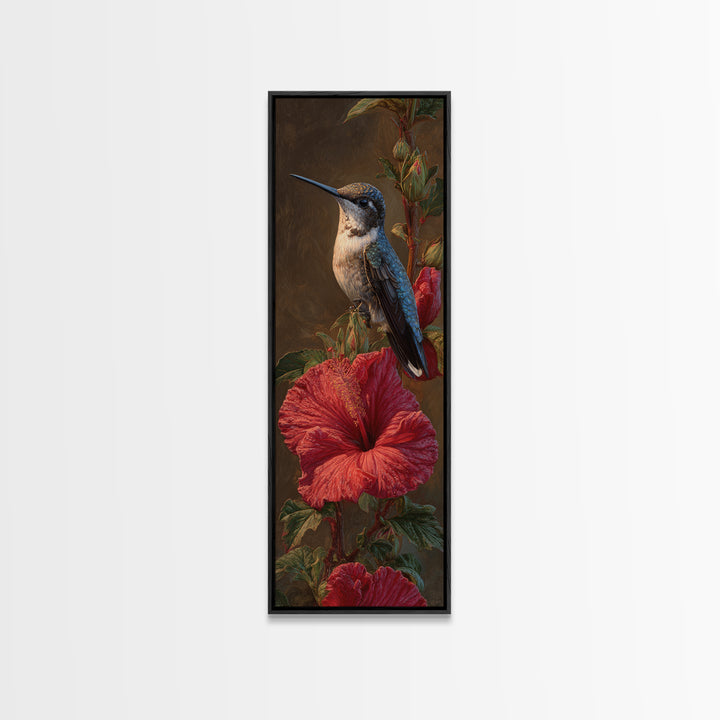 Hummingbird Visiting Bright Hibiscus Framed Canvas Print, Patio Art, Patio Decor, Abstract Art, Outdoor, Floral Wall Art, PAT-1x3-15