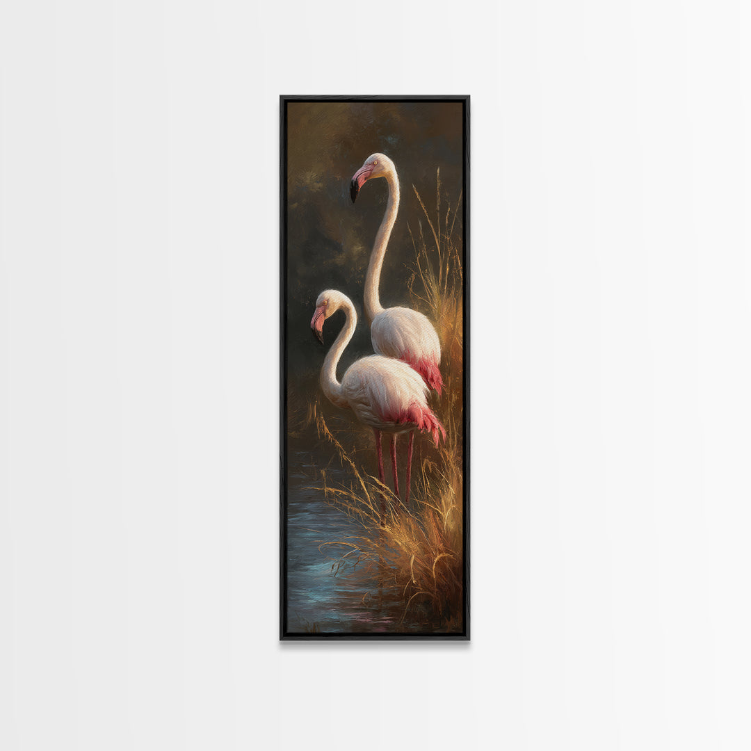 Flamingo Pair Beside Shallow Water Framed Canvas Print, Patio Art, Rustic Decor, Patio Decor, Fine Art, Outdoor, PAT-1x3-46