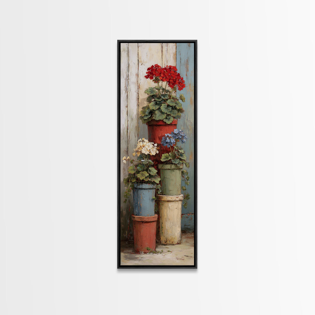 Potted Geraniums in Rustic Clay Pots Framed Canvas Print, Patio Art, Outdoor Art, Patio Decor, Fine Art, Outdoor, PAT-1x3-50