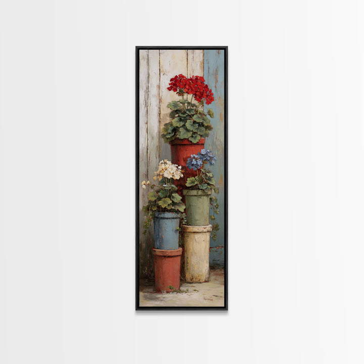 Potted Geraniums in Rustic Clay Pots Framed Canvas Print, Patio Art, Outdoor Art, Patio Decor, Fine Art, Outdoor, PAT-1x3-50