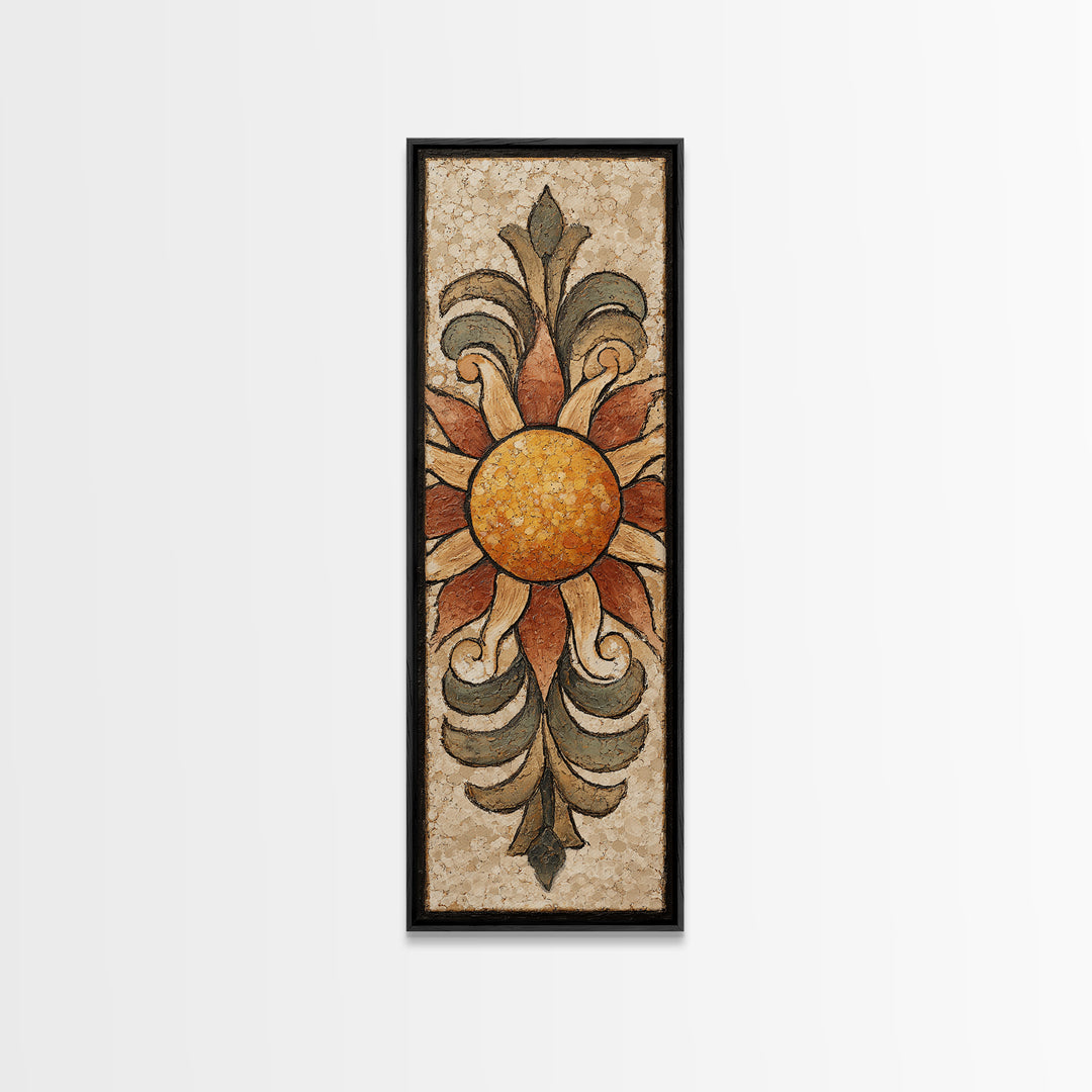 Sun Motif with Warm Terracotta Rays Framed Canvas Print, Patio Art, Patio Cushions, Patio Decor, Oil Painting, Outdoor, PAT-1x3-54