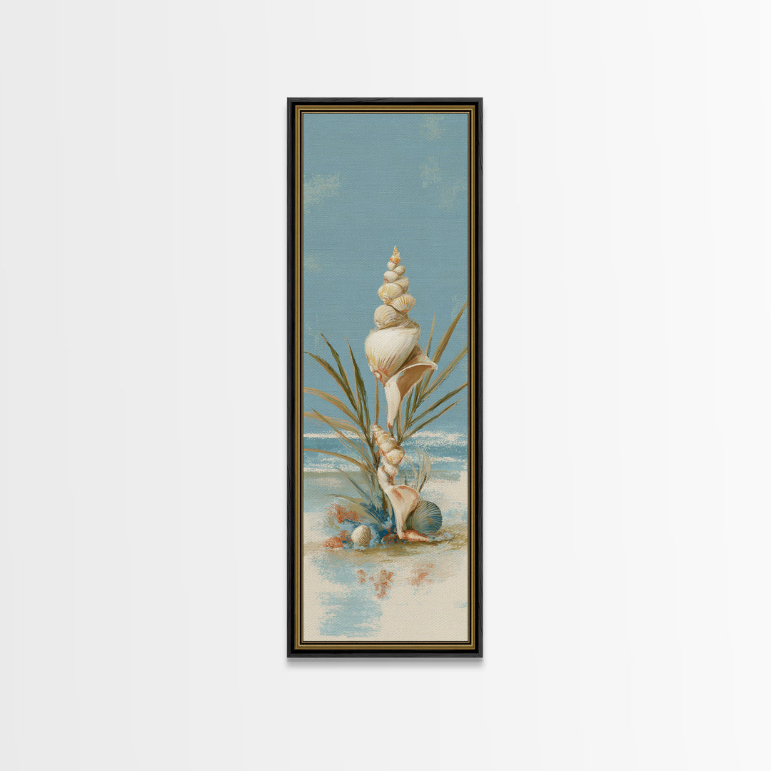 Beachy Shell and Palm Arrangement Canvas Print, Patio Art, Yard Art, Patio Decor, Oil Painting, Outdoor, Lake House Decor, PAT-1x3-55
