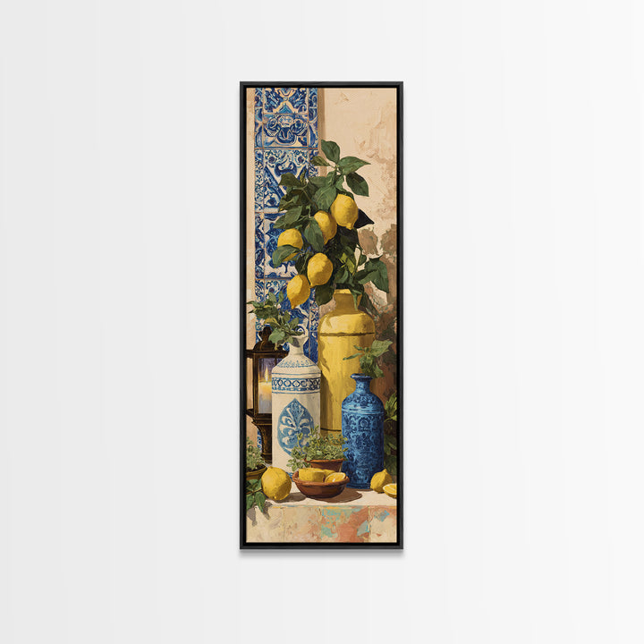 Mediterranean Lemons and Blue Tile Pattern Framed Canvas Print, Patio Art, Neutral Decor, Patio Decor, Fine Art, Outdoor, PAT-1x3-62