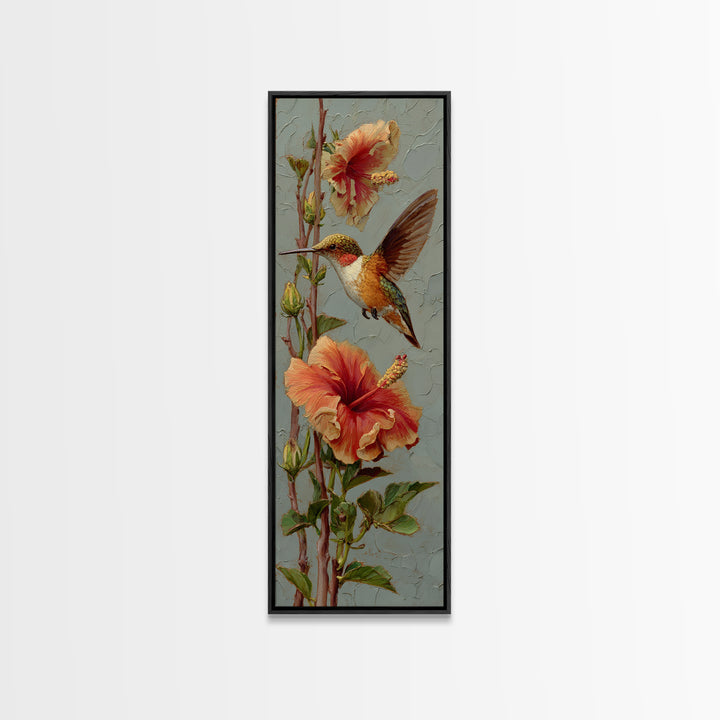 Hummingbird Visiting Bright Hibiscus Canvas Print, Patio Art, Patio Decor, Oil Painting, Outdoor, Gallery Decor, Neutral Decor, PAT-1x3-63