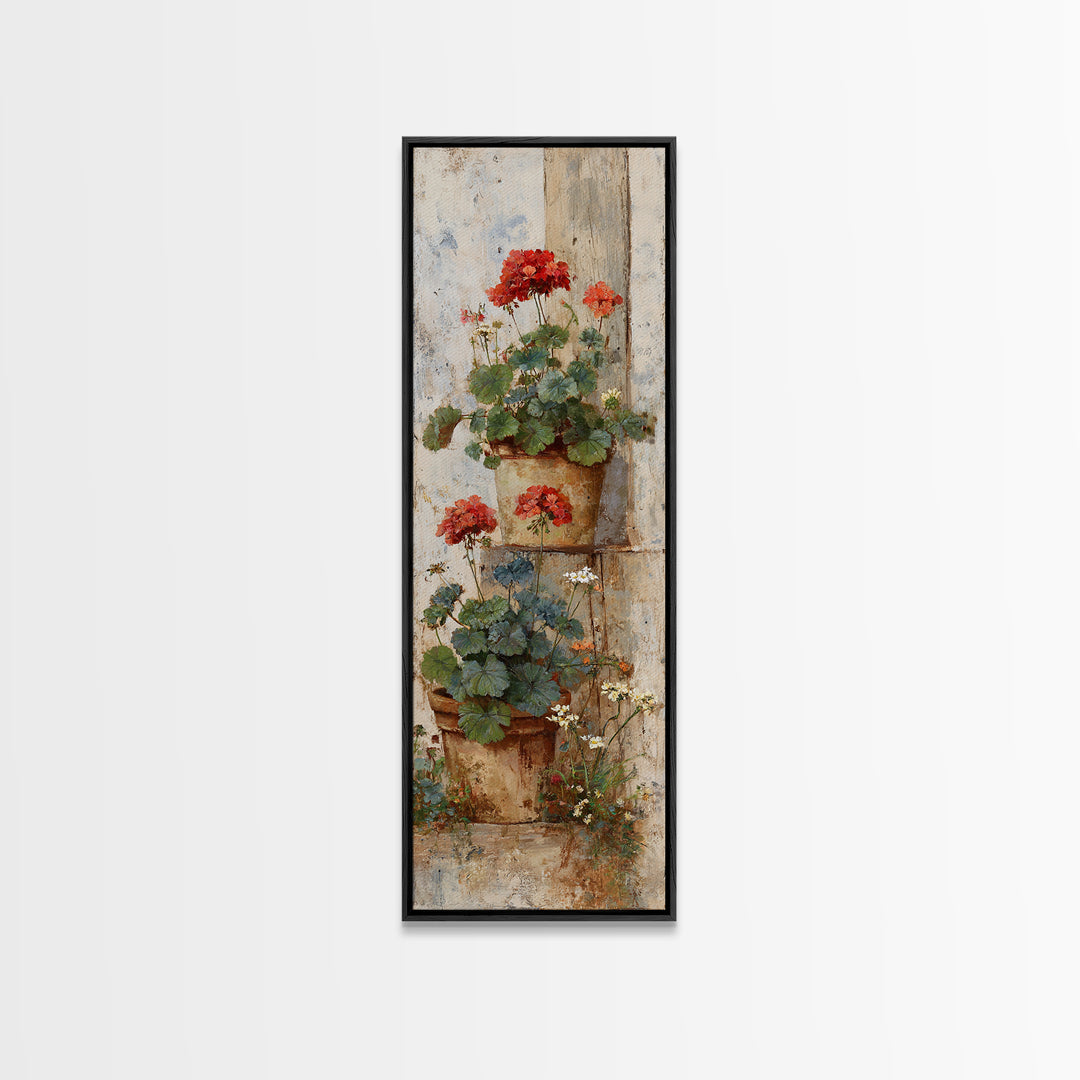 Potted Geraniums in Rustic Clay Pots Framed Canvas Print, Patio Art, Outdoor Art, Patio Decor, Fine Art, Outdoor, PAT-1x3-74