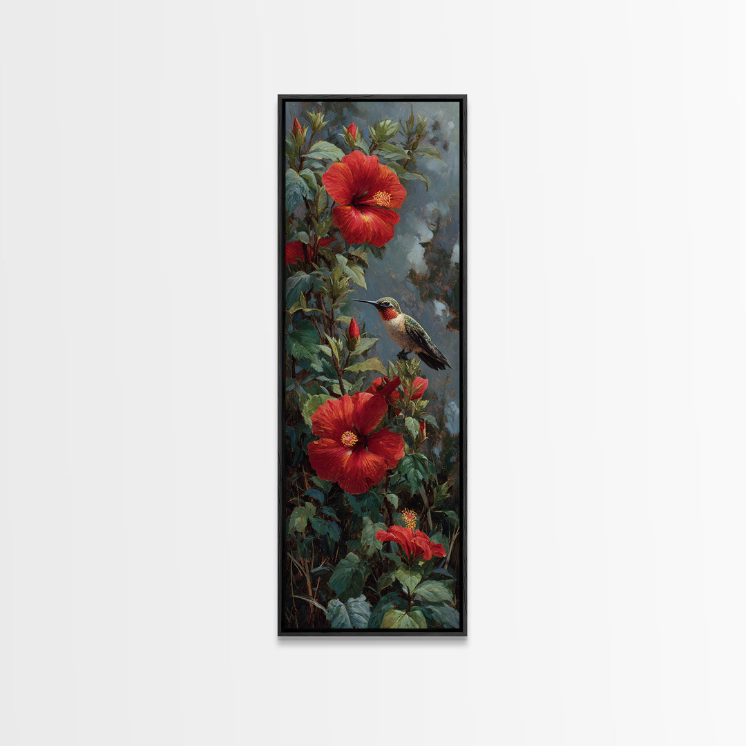 Hummingbird Visiting Bright Hibiscus Framed Canvas Print, Patio Art, Patio Cushions, Patio Decor, Outdoor, Luxury Decor, PAT-1x3-87
