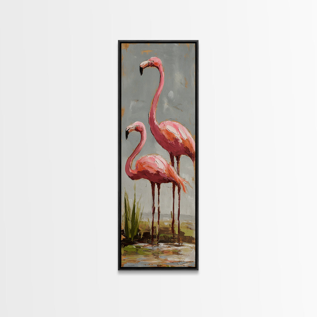 Flamingo Pair Beside Shallow Water Canvas Print, Patio Art, Fine Art Print, Patio Decor, Fine Art, Outdoor, Wall Decor, PAT-1x3-94