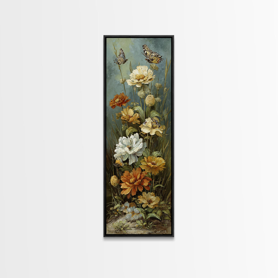 Butterfly Garden with Zinnias and Daisies Canvas Print, Patio Art, Rustic Decor, Patio Decor, Fine Art, Outdoor, PAT-1x3-97