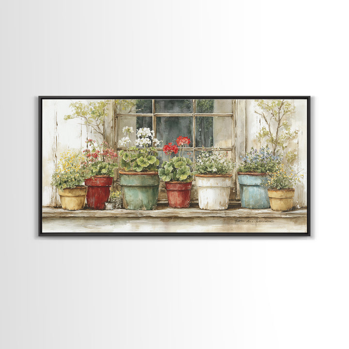 Potted Geraniums in Rustic Clay Pots Framed Canvas Print, Patio Art, Art Print, Patio Decor, Fine Art, Outdoor, Garden Decor, PAT-2x1-10