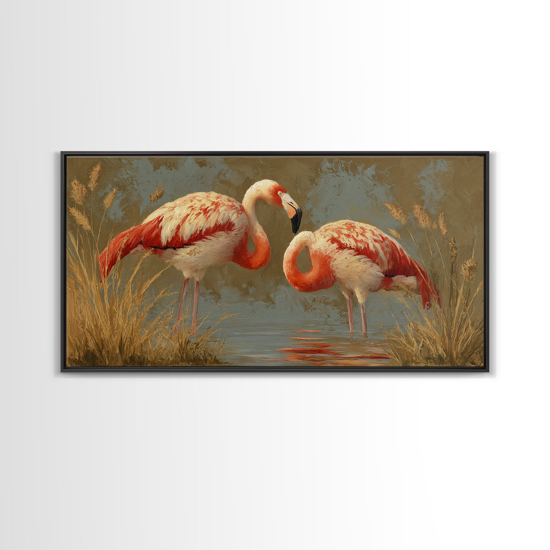 Flamingo Pair Beside Shallow Water Framed Canvas Print, Patio Art, Luxury Decor, Patio Decor, Fine Art, Outdoor, Wall Hanging, PAT-2x1-30