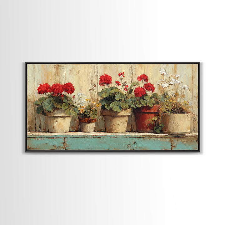 Potted Geraniums in Rustic Clay Pots Framed Canvas Print, Patio Art, Art Print, Patio Decor, Fine Art, Outdoor, Garden Decor, PAT-2x1-34