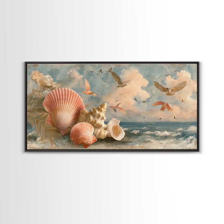 Beachy Shell and Palm Arrangement Canvas Print, Patio Art, Outdoor Decor, Patio Decor, Oil Painting, Outdoor, Bar Art, PAT-2x1-39