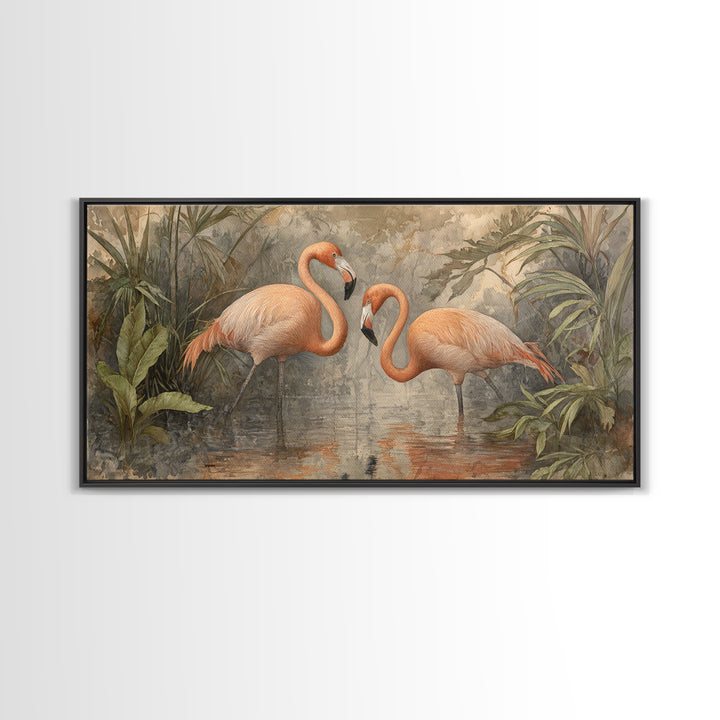 Flamingo Pair Beside Shallow Water Canvas Print, Patio Art, Contemporary Art, Patio Decor, Fine Art, Outdoor, Metal Art, PAT-2x1-54