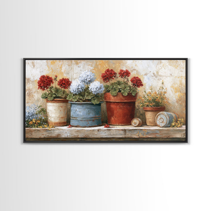 Potted Geraniums in Rustic Clay Pots Canvas Print, Patio Art, Wall Art, Patio Decor, Fine Art, Outdoor, Outdoor Wall Decor, PAT-2x1-58