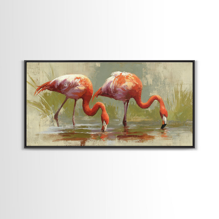 Flamingo Pair Beside Shallow Water Framed Canvas Print, Patio Art, Luxury Decor, Patio Decor, Fine Art, Outdoor, Wall Hanging, PAT-2x1-6