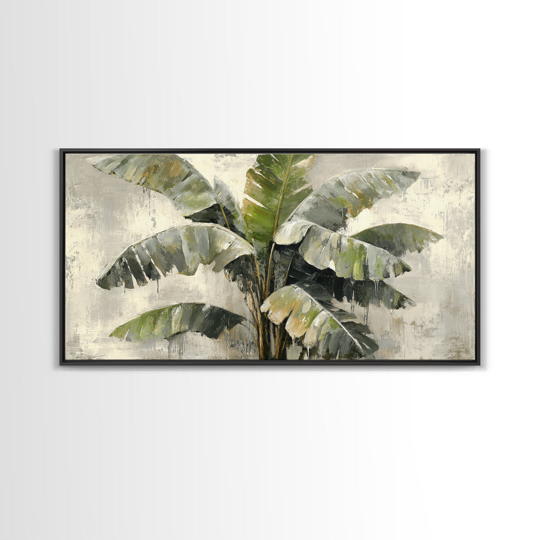 Banana Leaves with Rain Drop Details Framed Canvas Print, Patio Art, Wall Hanging, Patio Decor, Oil Painting, Outdoor, PAT-2x1-60