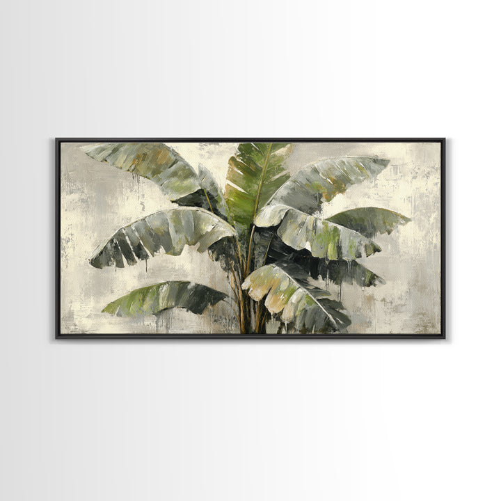 Banana Leaves with Rain Drop Details Framed Canvas Print, Patio Art, Wall Hanging, Patio Decor, Oil Painting, Outdoor, PAT-2x1-60
