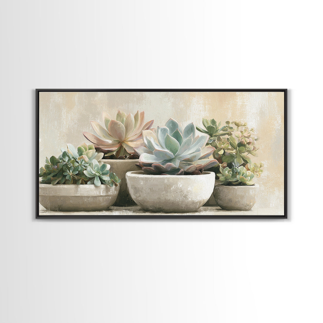 Succulent Collection in Ceramic Planters Framed Canvas Print, Patio Art, Metal Wall Art, Patio Decor, Abstract Art, Outdoor, PAT-2x1-65