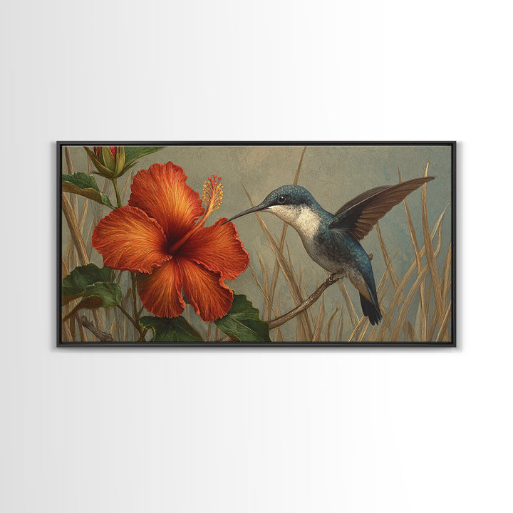 Hummingbird Visiting Bright Hibiscus Canvas Print, Patio Art, Lake House Decor, Patio Decor, Abstract Art, Outdoor, Boho Decor, PAT-2x1-71
