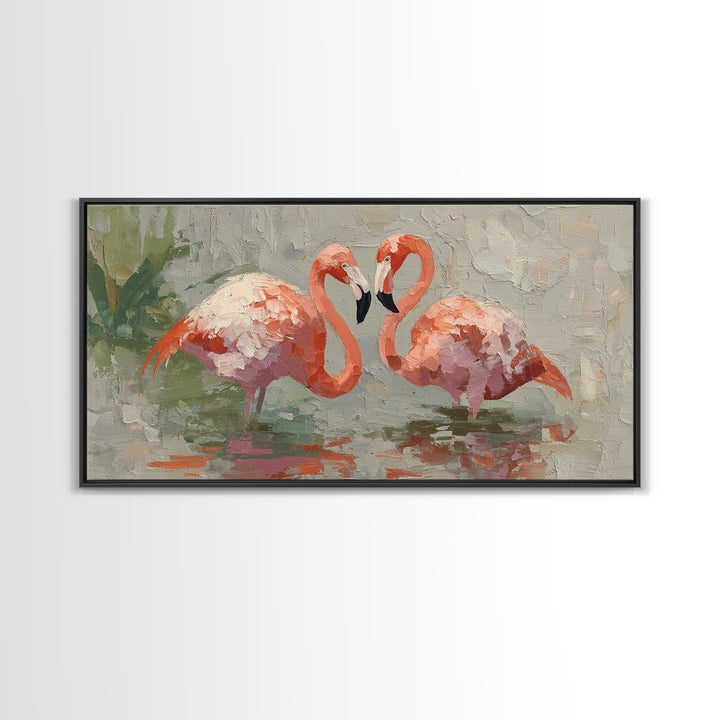 Flamingo Pair Beside Shallow Water Canvas Print, Patio Art, Contemporary Art, Patio Decor, Fine Art, Outdoor, Metal Art, PAT-2x1-78