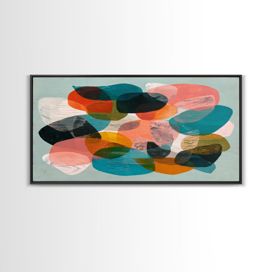 Bright Coral and Turquoise Abstract for Outdoors Framed Canvas Print, Patio Art, Luxury Decor, Patio Decor, Abstract Art, PAT-2x1-8
