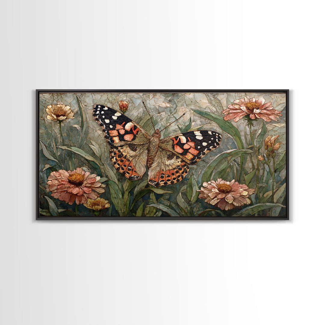 Butterfly Garden with Zinnias and Daisies Framed Canvas Print, Patio Art, Outdoor Wall Art, Patio Decor, Fine Art, Outdoor, PAT-2x1-81