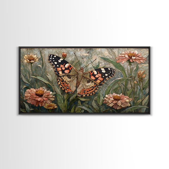 Butterfly Garden with Zinnias and Daisies Framed Canvas Print, Patio Art, Outdoor Wall Art, Patio Decor, Fine Art, Outdoor, PAT-2x1-81