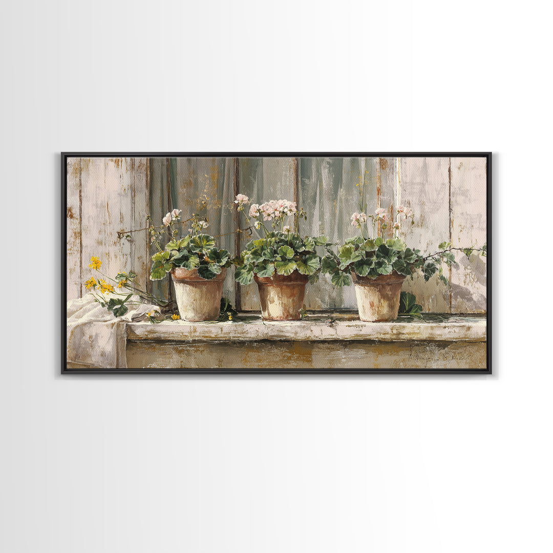 Potted Geraniums in Rustic Clay Pots Canvas Print, Patio Art, Wall Art, Patio Decor, Fine Art, Outdoor, Outdoor Wall Decor, PAT-2x1-82
