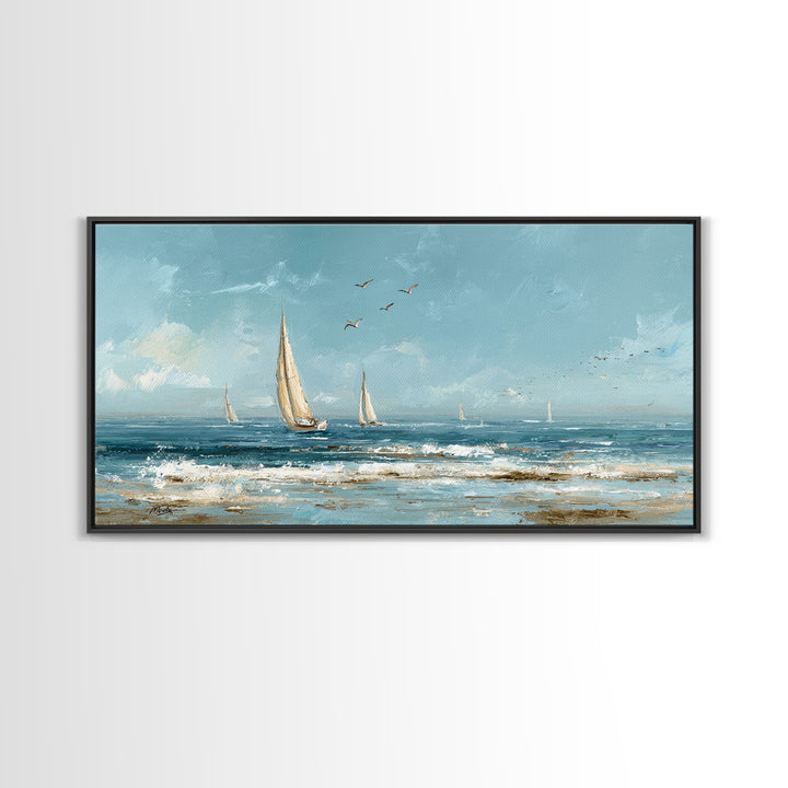 Sailboat on a Breezy Summer Horizon Framed Canvas Print, Patio Art, Contemporary Art, Patio Decor, Oil Painting, Outdoor, PAT-2x1-83