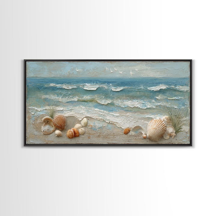 Beachy Shell and Palm Arrangement Framed Canvas Print, Patio Art, Porch Decor, Patio Decor, Fine Art, Outdoor, Fine Art Print, PAT-2x1-87