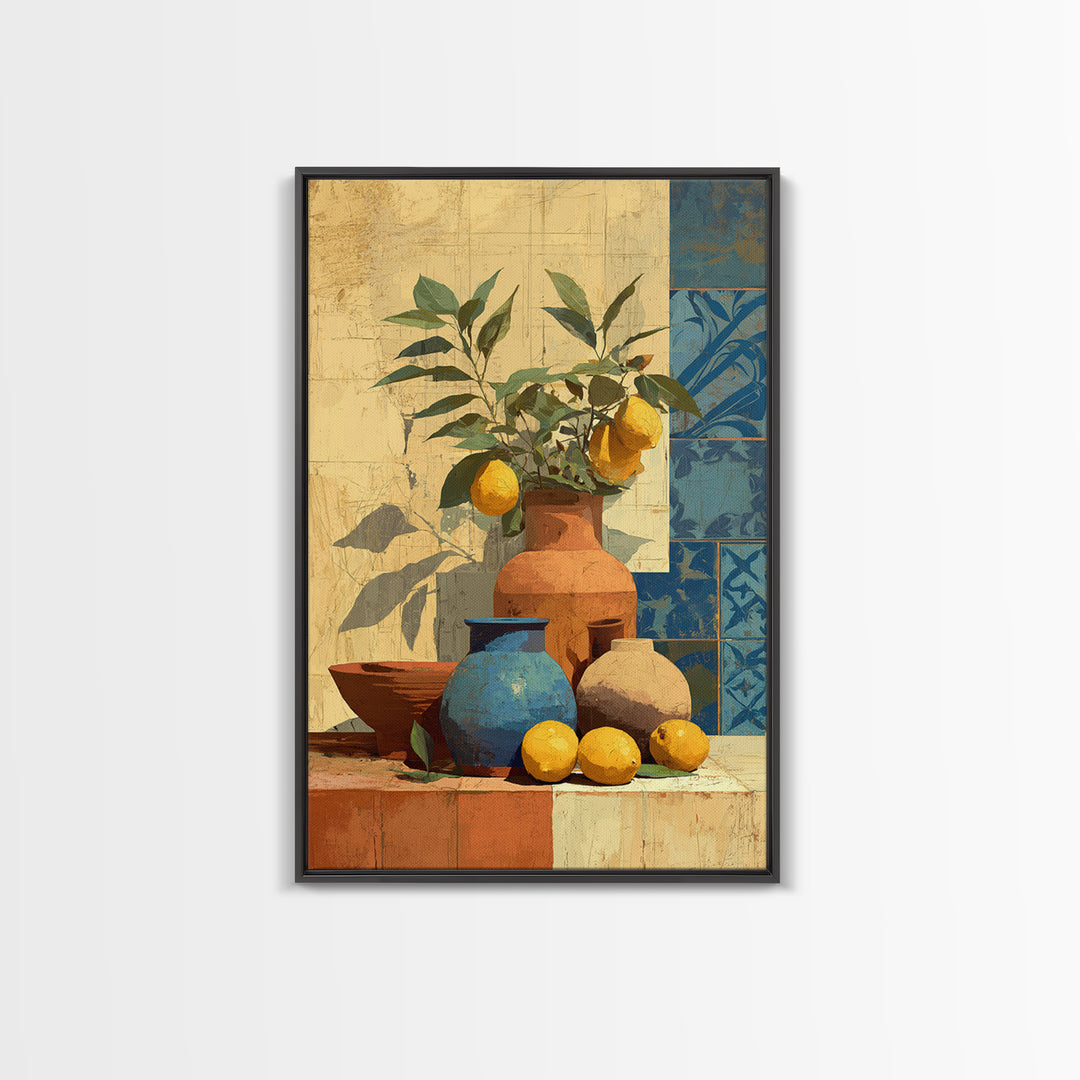 Mediterranean Lemons and Blue Tile Pattern Canvas Print, Patio Art, Luxury Decor, Patio Decor, Fine Art, Outdoor, Wall Hanging, PAT-2x3-10