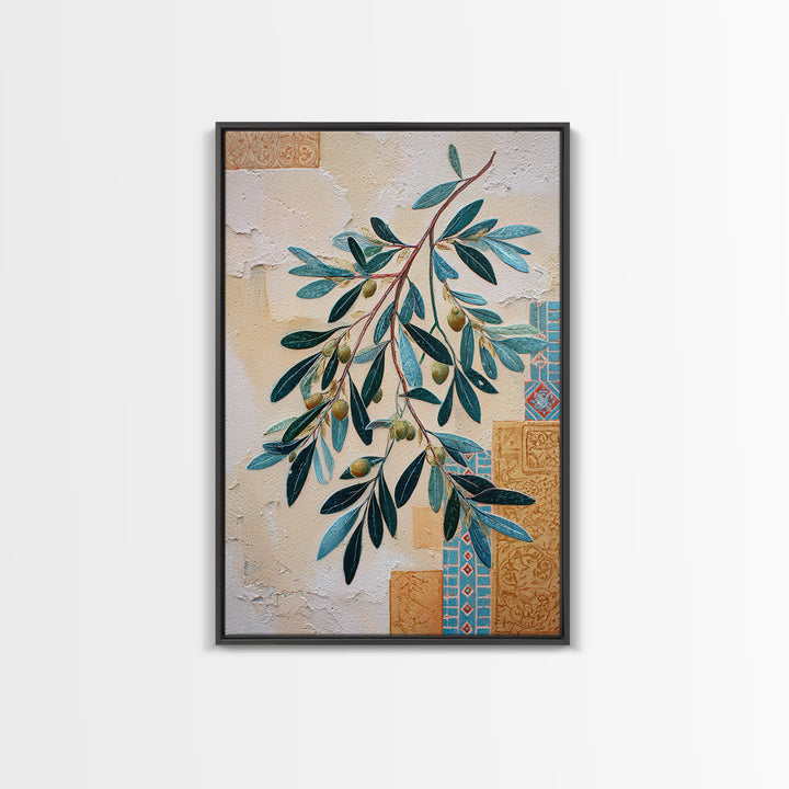 Olive Branch Wreath on Warm Plaster Framed Canvas Print, Patio Art, Outdoor Decor, Patio Decor, Fine Art, Outdoor, Bar Art, PAT-2x3-17