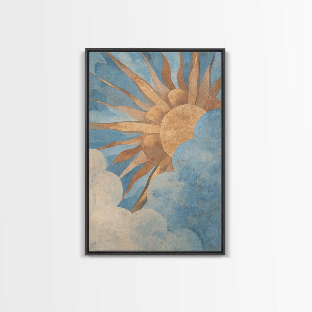 Sun Motif with Warm Terracotta Rays Framed Canvas Print, Patio Art, Boho Decor, Patio Decor, Abstract Art, Outdoor, PAT-2x3-2