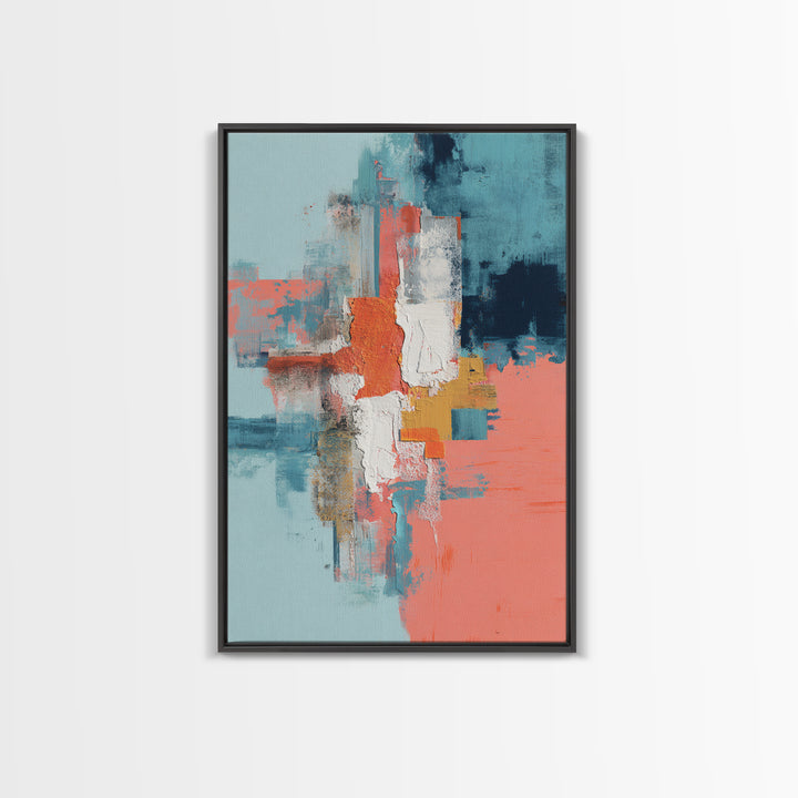 Bright Coral and Turquoise Abstract for Outdoors Framed Canvas Print, Patio Art, Wall Hanging, Patio Decor, Abstract Art, PAT-2x3-20