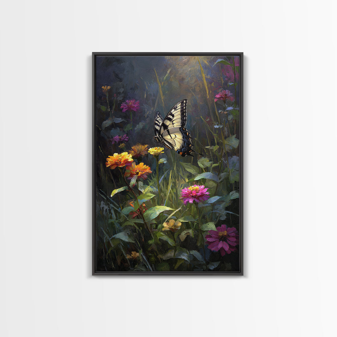 Butterfly Garden with Zinnias and Daisies Framed Canvas Print, Patio Art, Contemporary Art, Patio Decor, Fine Art, Outdoor, PAT-2x3-21