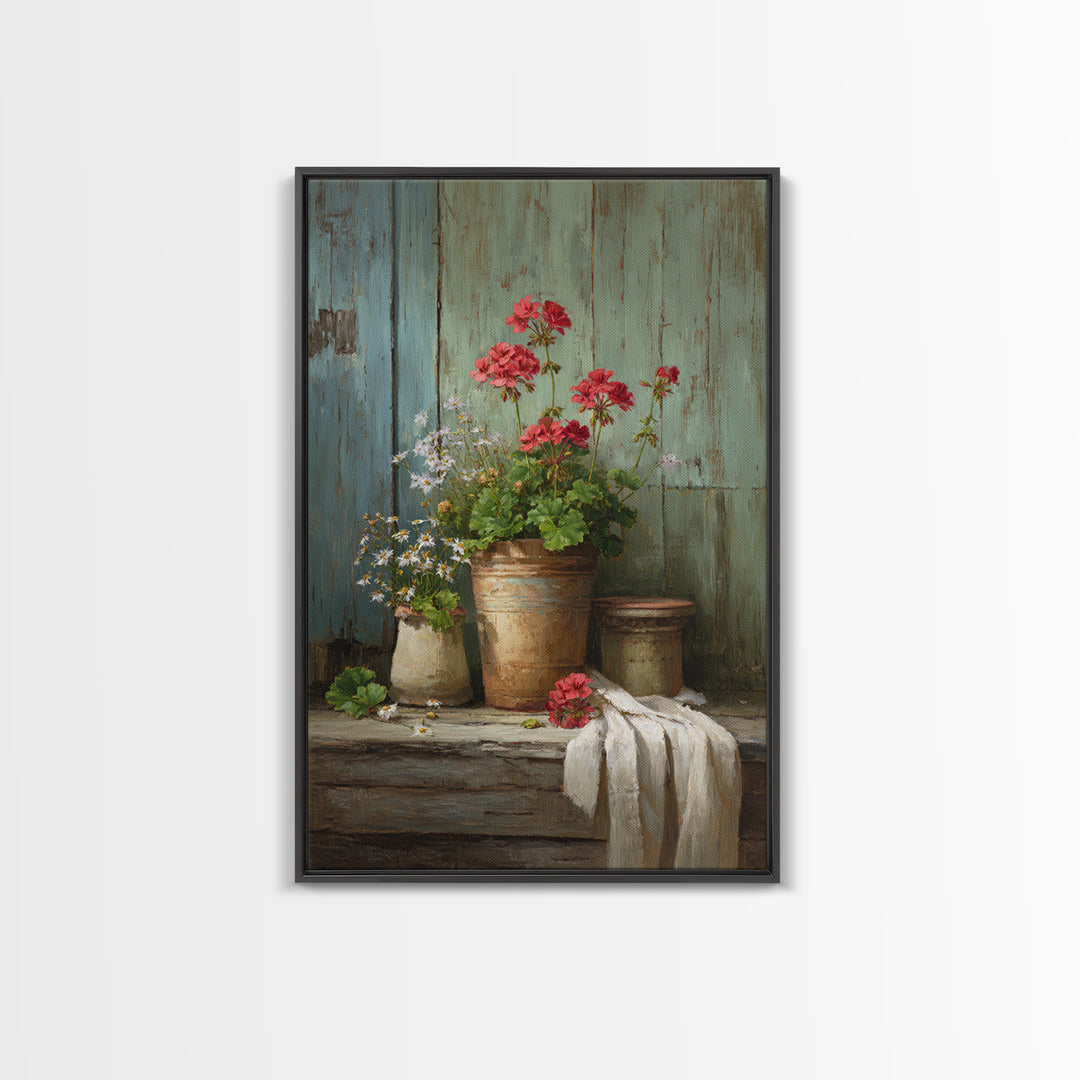 Potted Geraniums in Rustic Clay Pots Framed Canvas Print, Patio Art, Textured Painting, Patio Decor, Fine Art, Outdoor, PAT-2x3-22