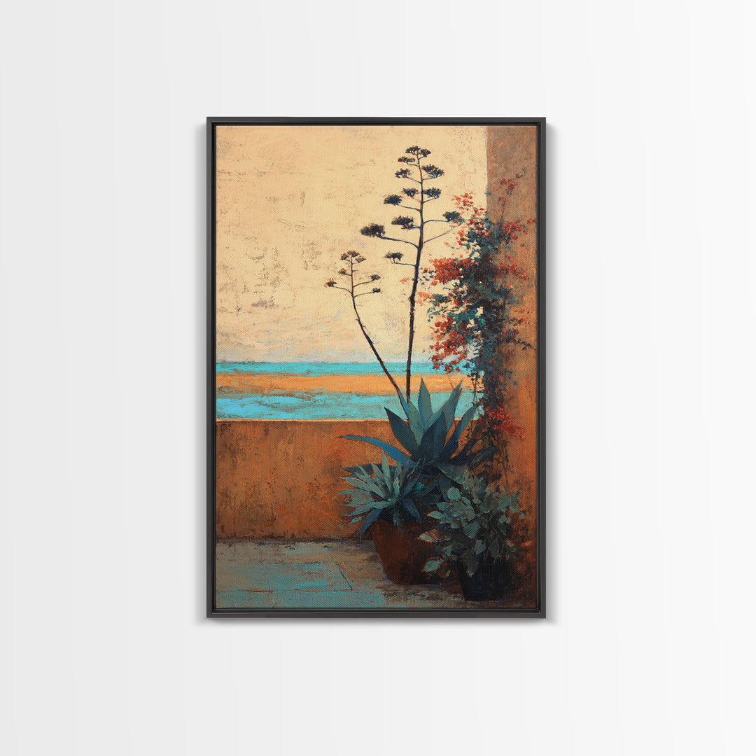 Desert Patio Agave and Bougainvillea Framed Canvas Print, Patio Art, Wall Art, Patio Decor, Oil Painting, Outdoor, PAT-2x3-25