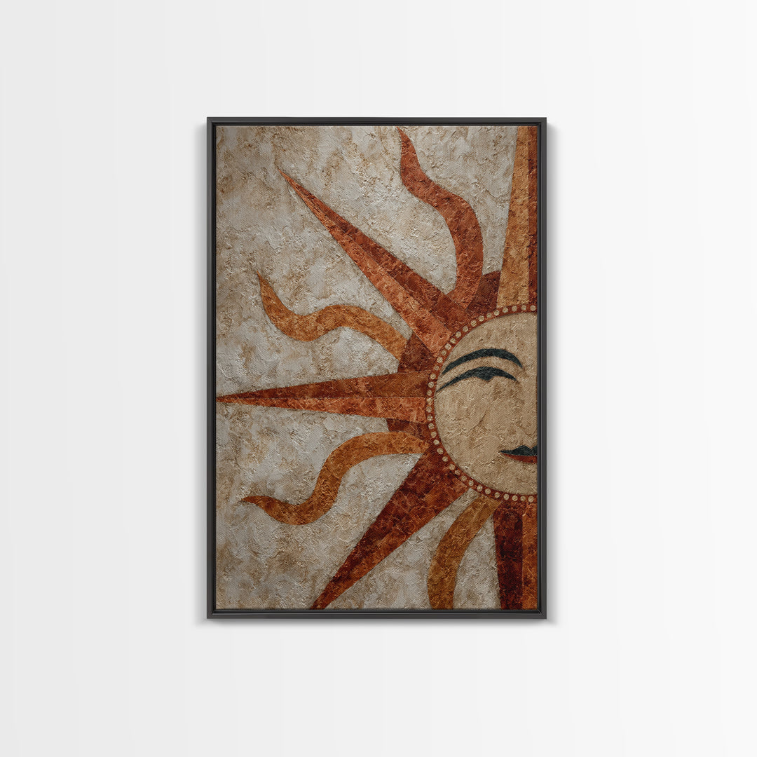 Sun Motif with Warm Terracotta Rays Framed Canvas Print, Patio Art, Boho Decor, Patio Decor, Abstract Art, Outdoor, PAT-2x3-26