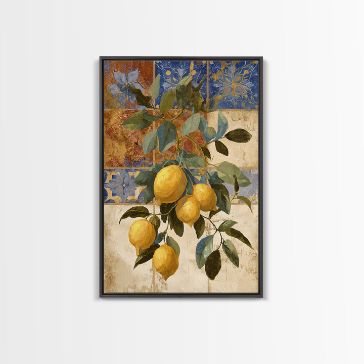 Mediterranean Lemons and Blue Tile Pattern Framed Canvas Print, Patio Art, Contemporary Art, Patio Decor, Fine Art, Outdoor, PAT-2x3-34