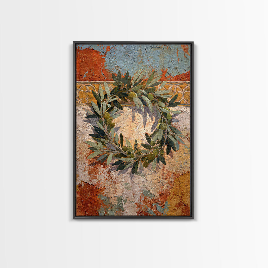 Olive Branch Wreath on Warm Plaster Framed Canvas Print, Patio Art, Outdoor Decor, Patio Decor, Fine Art, Outdoor, Bar Art, PAT-2x3-41