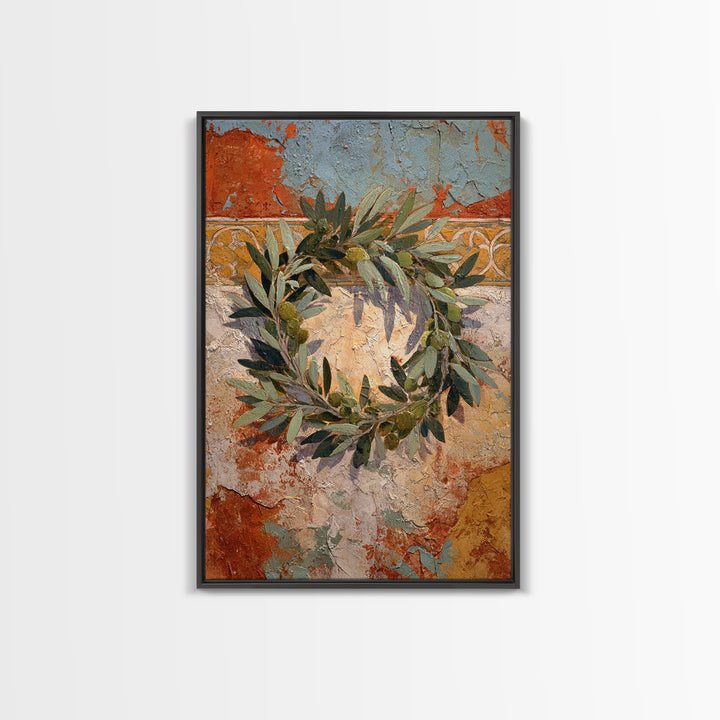 Olive Branch Wreath on Warm Plaster Framed Canvas Print, Patio Art, Outdoor Decor, Patio Decor, Fine Art, Outdoor, Bar Art, PAT-2x3-41