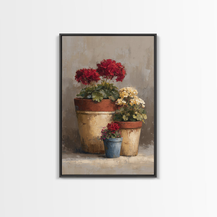 Potted Geraniums in Rustic Clay Pots Framed Canvas Print, Patio Art, Textured Painting, Patio Decor, Fine Art, Outdoor, PAT-2x3-46