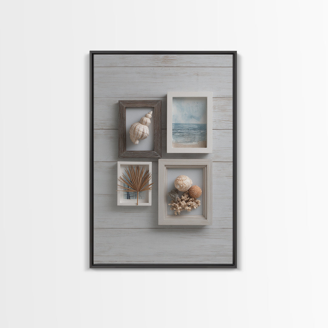 Beachy Shell and Palm Arrangement Framed Canvas Print, Patio Art, Room Decor, Patio Decor, Oil Painting, Outdoor, Garden Art, PAT-2x3-51