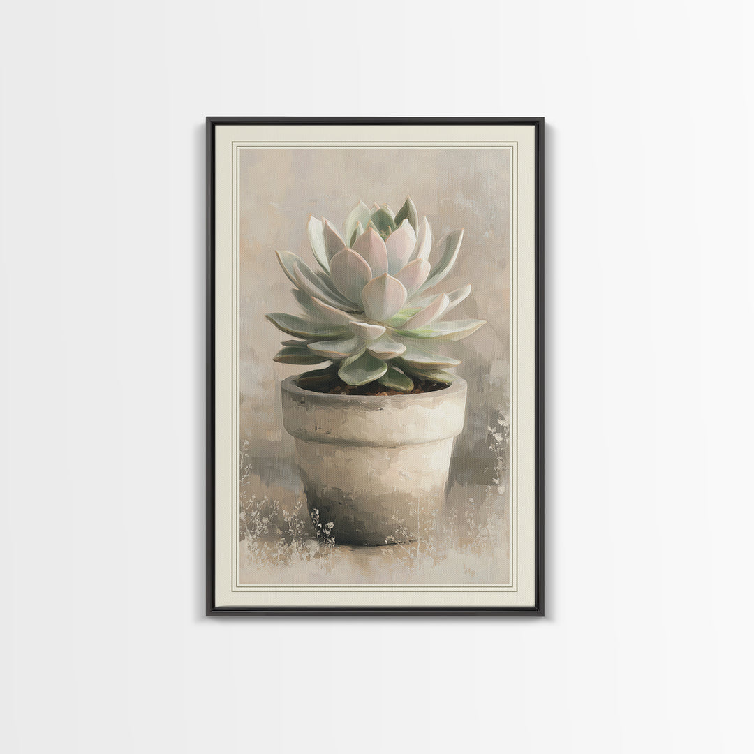 Succulent Collection in Ceramic Planters Framed Canvas Print, Patio Art, Garden Decor, Patio Decor, Oil Painting, Outdoor, PAT-2x3-53